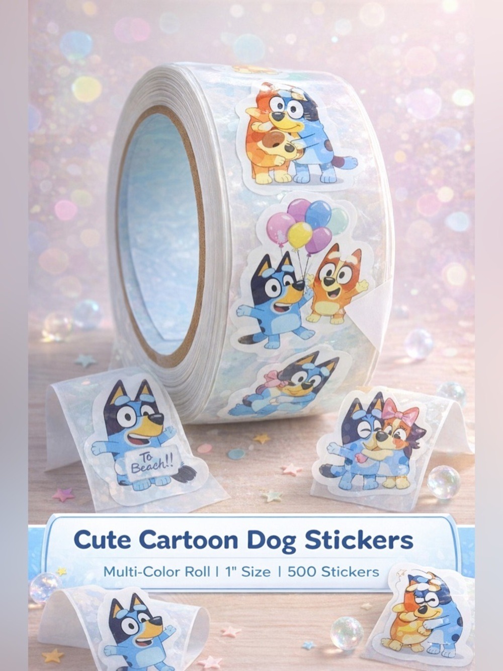 Cute Cartoon Dog Family Stickers Roll 500pcs 1” Kids Reward Kawaii
